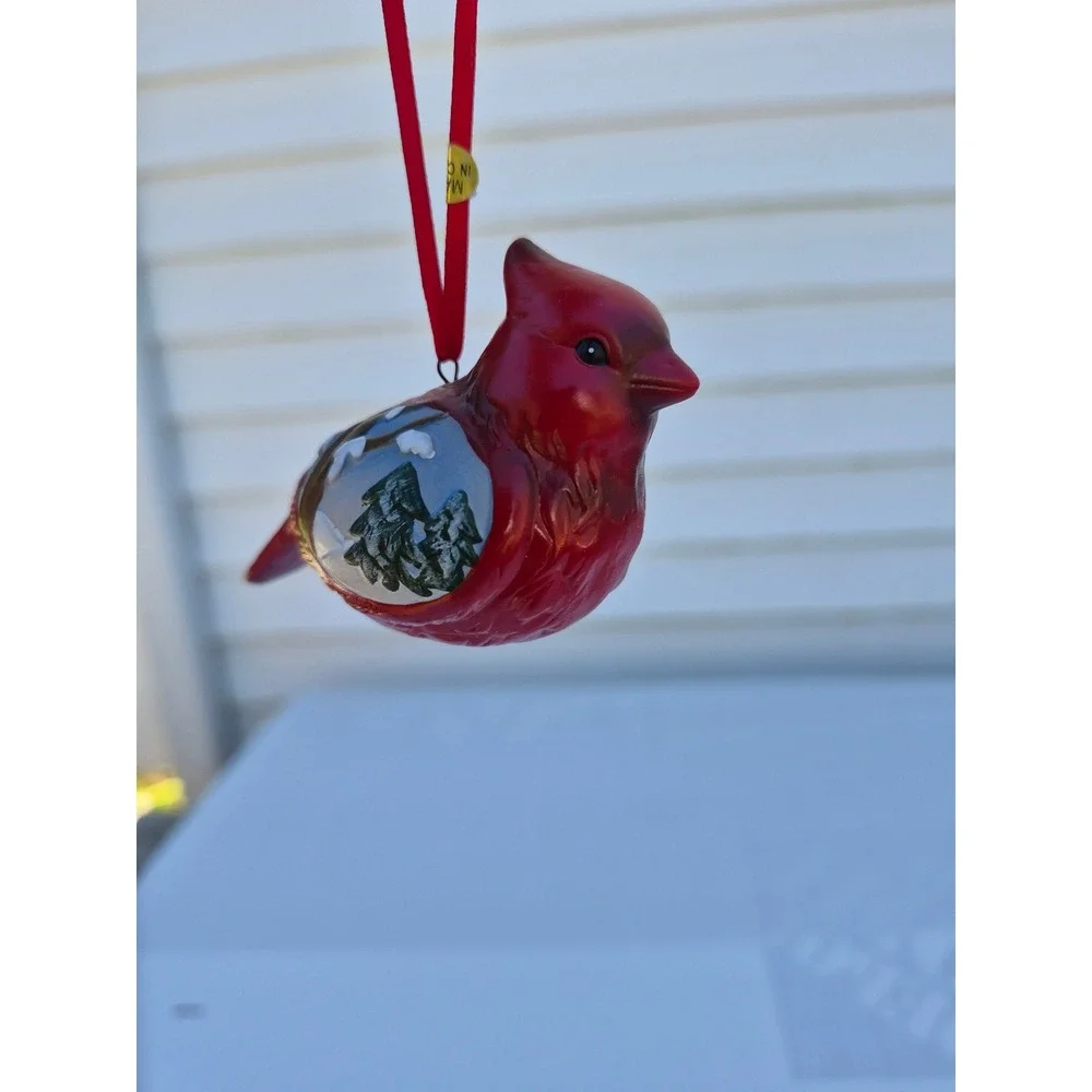Red Cardinal Christmas Ornaments Set of 2 Winter Scene Hand Painted Bird Decor